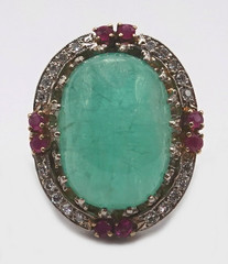Vintage 14k gold, ruby & diamond accented, 15ct cabochon emerald ring, size 5.50