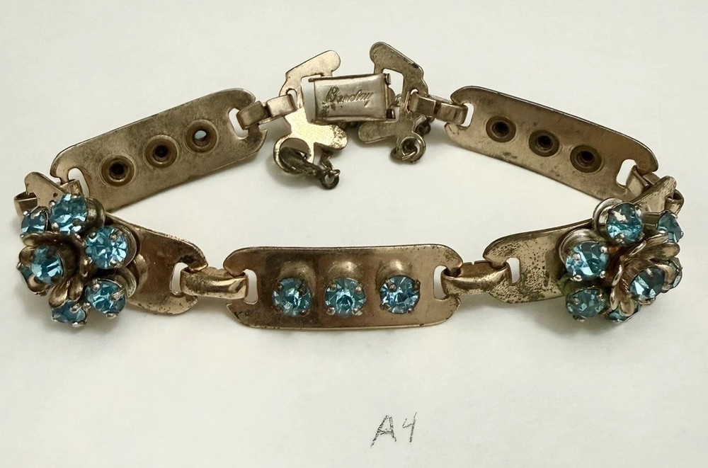 Vintage Barclay Aqua Blue Rhinestone Bracelet Floral Link Gold Tone 1950s