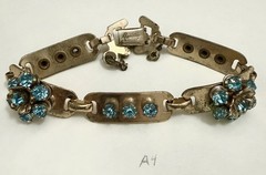 Vintage Barclay Aqua Blue Rhinestone Bracelet Floral Link Gold Tone 1950s