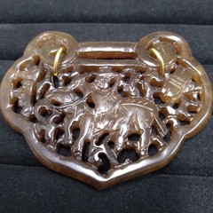 Carved Brown Stone Pendant Gold Tone