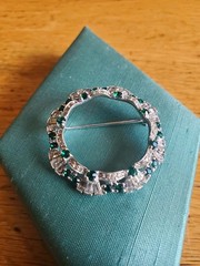 Classy Mazer Circle Pin Silver Tone w/ Clear Tapered Baguette & Emerald Stones