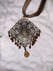 Vintage Bronze Filigree Choker Necklace Amber Crystal Dangle Pendant Boho Gothic