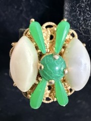 Vintage Rare White And Green Cabochon Clip On Earrings Set In Gold Tone