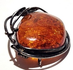 Antique Sterling Silver 925 Cognac Baltic Amber Pendant Brooch Necklace 24 Grams