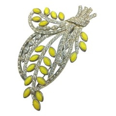 Rhinestone Brooch Floral Spray Yellow Clear Stones Flower Pin Pot Metal Vintage