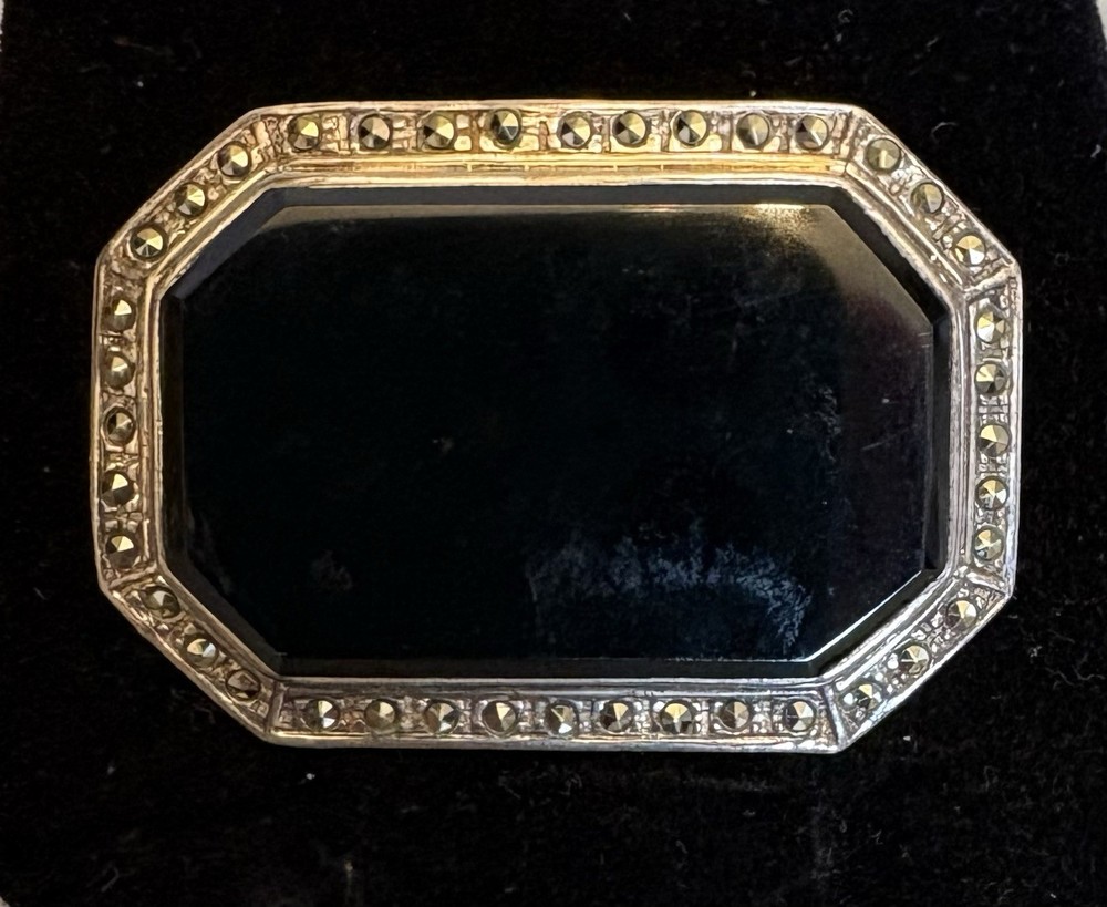 Vintage 925 Sterling Silver Black Onyx Marcasite Brooch Art Deco Revival Octagon