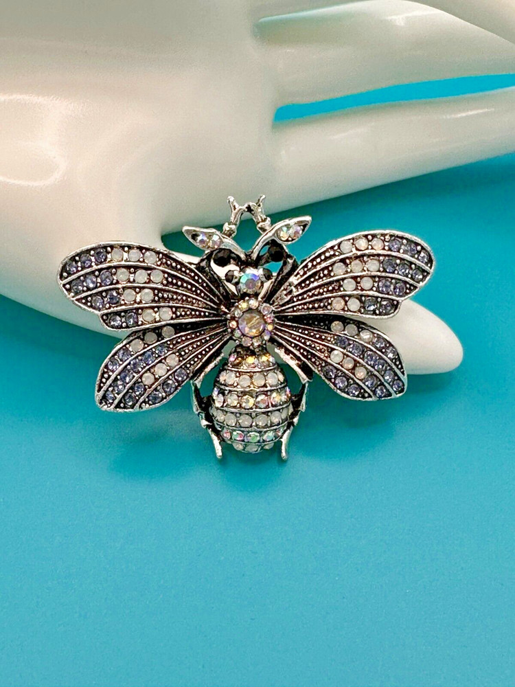 Estate Brooch Butterfly Aurora Borealis Marcasite Opalite Rhinestone Silver/Tone