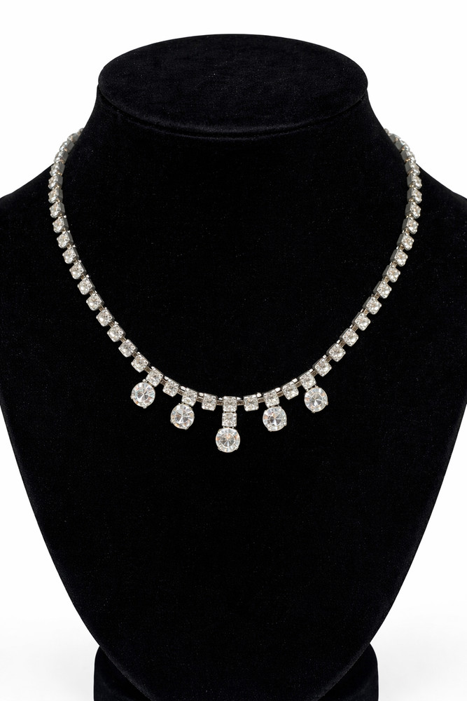 Antique Art Deco Silver Tone Faceted Rhinestone Round Cut Statement Necklace