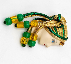 Lady Face Hand Painted Resin Braided Bead Long Hair Art Deco Revival Brooch Pin