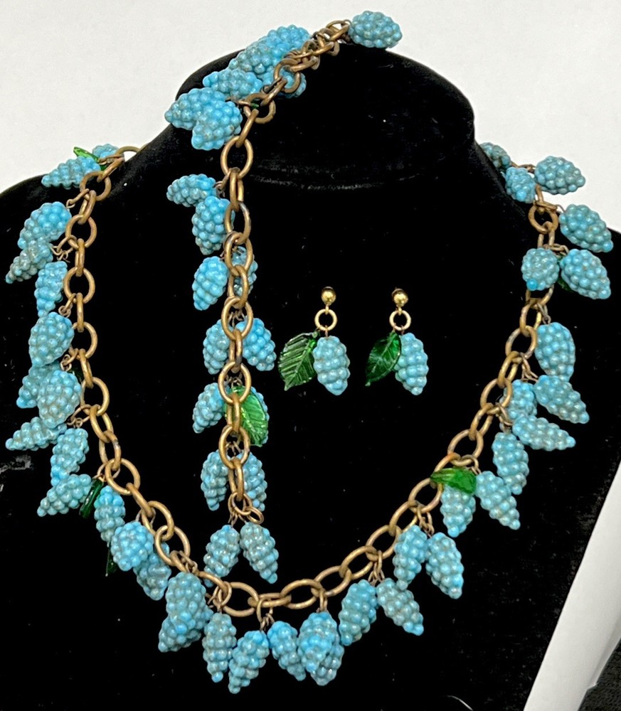 Vintage Grapes & Leaves Glass Neckace Bracelet Earrings In 14k B-on Brass Chain