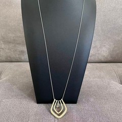 Vintage 1980s Art Deco Revival Shield Pendant Necklace Gold Tone Statement 30″