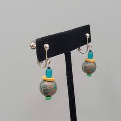 Polymer Clay Bead Multicolor Clip on Earrings Silver tone Dangle 1″