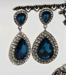 Aqua Blue Crystal Earring TEARDROP Silver Tone Pierced Dangle Couture 2.25 in