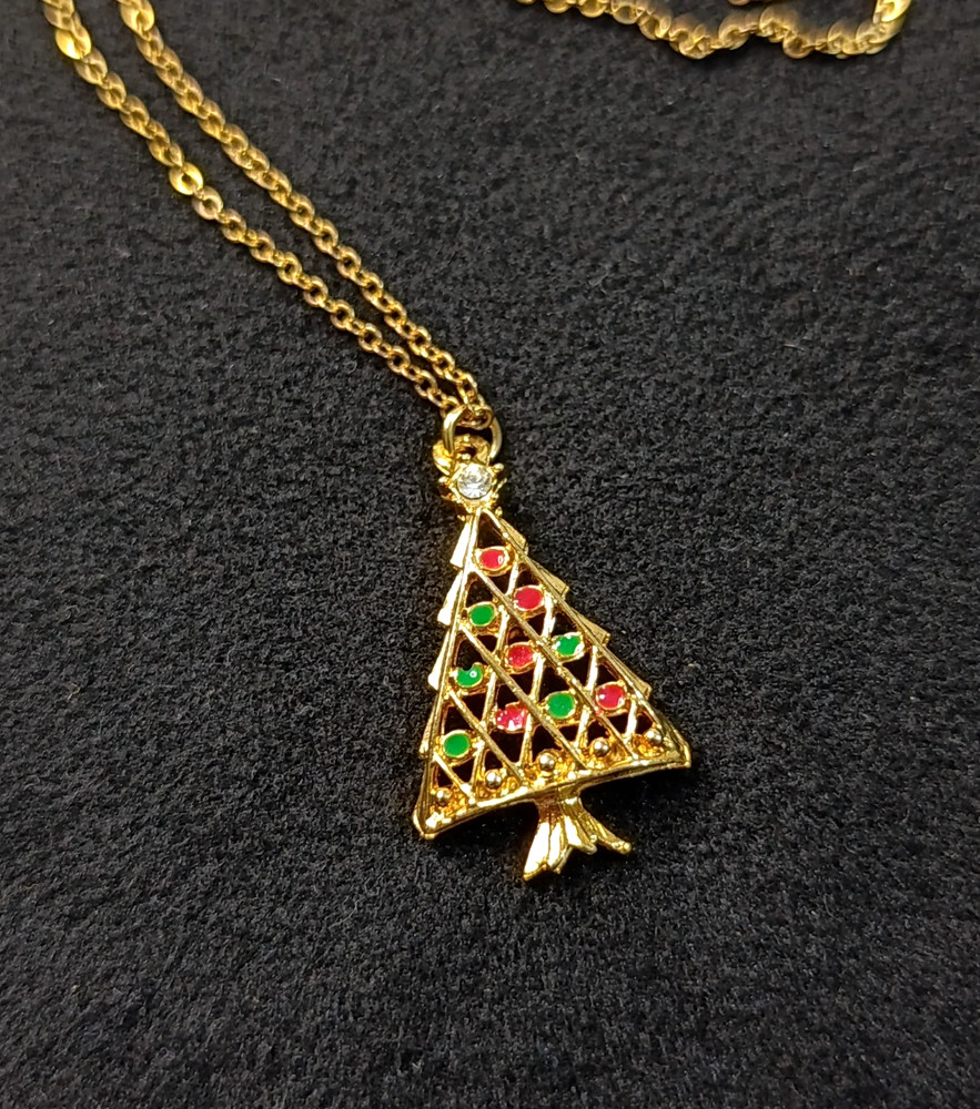 Vintage Gold Tone Christmas Tree Pendant Necklace – Handmade Metal Alloy