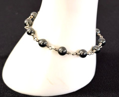 Vintage Sterling Silver 925 5MM Gray HEMATITE BEAD Link Bracelet 7.25″ L – 8.4G