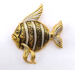 Vintage Damascine Black & Gold/Silver Large Angel Fish Brooch-Spain