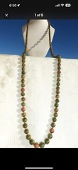 BEAUTIFUL Vintage HAND KNOTTED FLAPPER NECKLACE Natural UNAKITE Stone 56”in,131g