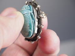 Antique brooch pin Egyptian scarab silver & ceramic jewelry signed in two places