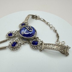 Vintage Silver Tone Slave Bracelet Ring Set Blue Cabochon Stone Boho Filigree
