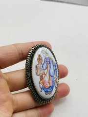 Vintage Silver Tone Russian Finift Hand Painted Porcelain The Snow Maiden Brooch