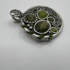 Silver Tone Pendant Green Cabochon Acrylic Stones Oval Open Metal Work