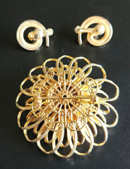 Vintage Textured Golden Flower Brooch Pin & Earrings with Pearls & Rhinestones