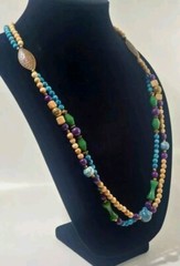 VTG 30″ Bohemian Artisan NECKLACE Stone & Glass Beaded Double-Strand 1980s