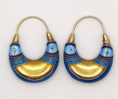 Vintage Chinese Cloisonne Enamel Dangle Hoop Earrings Stamped Silver