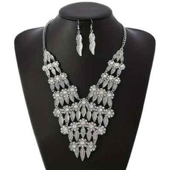 Silver Tone Leaf Crystals Accent Dangle Necklace Earrings Set