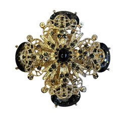 Filigree Gold Tone Smoky Gray Rhinestone Brooch Pin Intricate Detail Layered