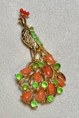 AUTHENTIC SWOBODA PEACOCK BROOCH ~ CORAL, PERIDOT, RUBY EYE ~ LOVELY!