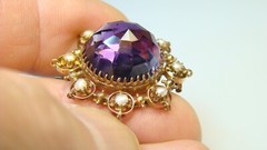 🌟Large Antique 8K Gold Amethyst w Pearls Pin & Faceted Dome-Shaped Stone