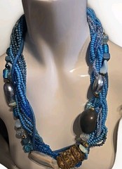 Vintage Lucille Gauthier Chunky Bib Necklace Multi Strand Blue Boho 1970s 1980s
