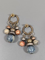 Bronze Tone Blue Bead Cluster Dangle Earrings Tribal Boho Western Retro