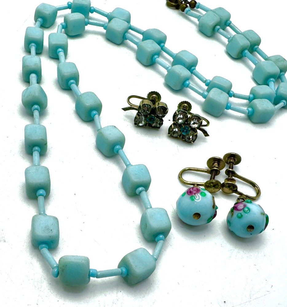 Lot Vtg Deco Czech Aqua Glass Cube Bead Necklace & Murano & JMS 1/20 GF Earrings