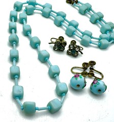Lot Vtg Deco Czech Aqua Glass Cube Bead Necklace & Murano & JMS 1/20 GF Earrings
