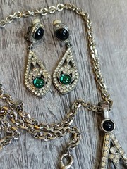 Jackie Collins Art Deco Style Green Cabochon Pendant Necklace & Earrings Set
