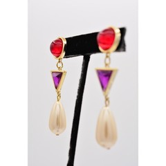 Vintage Cabochon 2.5″ Dangle Earrings Red Purple Pearl Drop Gold 80s 1980s BinAZ