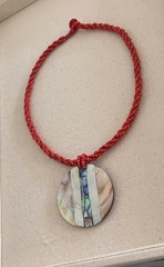 Vintage Abalone Shell Coral Seed Beaded Twist Pendant Disc Statement Necklace