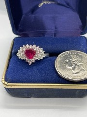 Vintage Heart Shaped Pinkish Red & Clear Cubic Zirconia Sterling Ring Size 9 1/4
