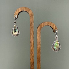 Vintage Earrings Sterling 925 Abalone Teardrop Dangle Pierced Marcasite READ