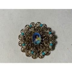 Vintage Gold Tone Filigree Portrait Brooch Faux Pearl Turquoise Victorian Style