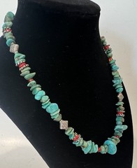 Vintage Turquoise Coral & Sterling Silver Bead Finishes Necklace 16-18” 34.4g