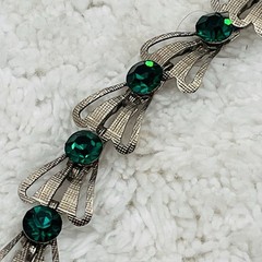 Vintage Green Rhinestone Bracelet Silver Tone Fan Link Open Work Deco Style
