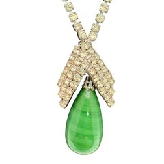 Vintage Signed Kramer Green Faux Jade Teardrop Necklace Earrings Set Rhinestones