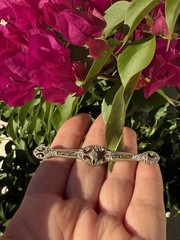 Antique Edwardian Silver Tone Large Stickpin Brooch Pin Etched Ornate Crystals