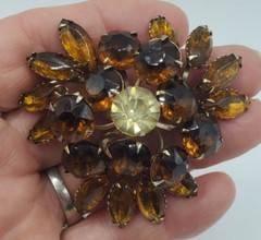 Vintage Rhinestones Brooch Topaz Amber Color Flower Prong Set Stones Pin
