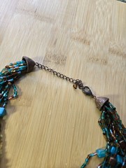 Multi-Layered Chunky Beaded Necklace, Bronze and Aqua Accents 18″