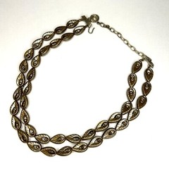 VTG Lisner Necklace bronze plastic open leaf teardrop Signed Double strand RARE
