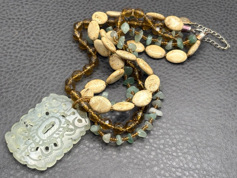 VTG Cookie Lee Asian Style Jade Gemstone Necklace 3 Strand Multistrand 16-19”